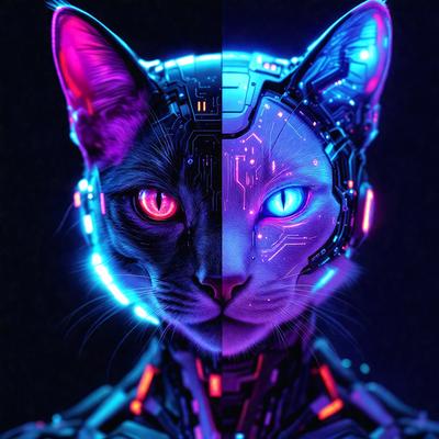 The primary subject of the image is a cat with two different colored eyes, one blue and one red. The cat is wearing a futuristic-looking headpiece, which adds a unique and interesting visual element to the scene. The setting appears to be a dark room, with the cat being the main focus of the image. The visual style is a combination of a photo and digital art, creating a striking and eye-catching image. The dominant colors in the image are blue and red, which are the colors of the cat'